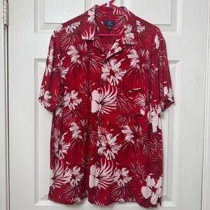 George Red Hawaiian Button Down Collar Shirt Men’s Medium White Floral Print